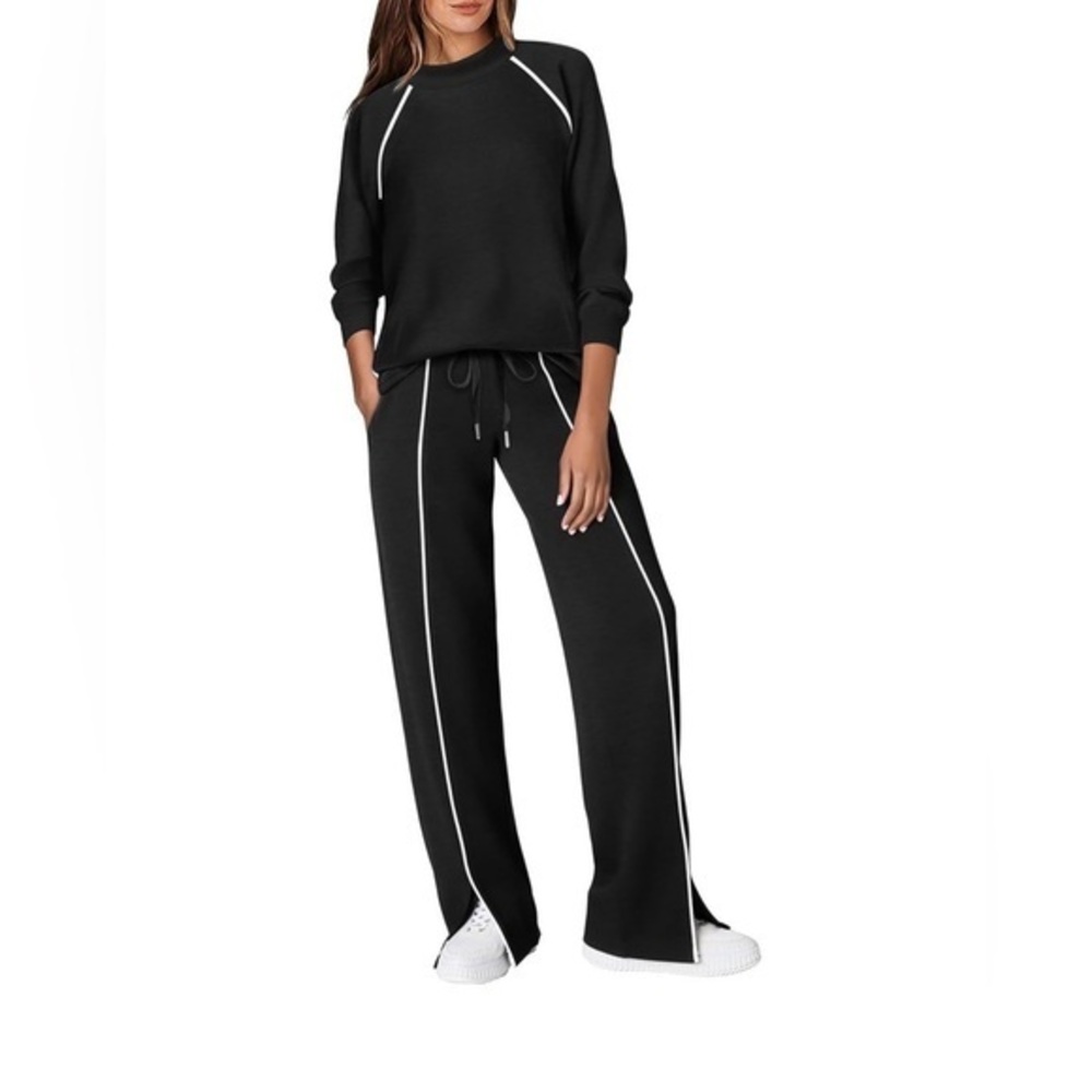 Black Wide-Leg Pants set with White Stripes